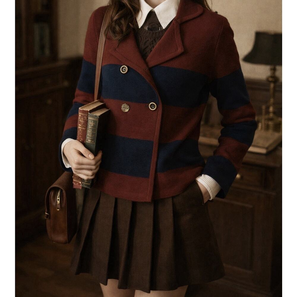 Maliparmi Sweater Blazer Striped Buttons Wool Red Navy Dark Academia Career Work